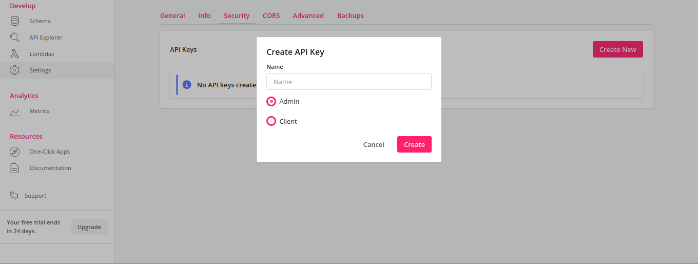 Create API key window