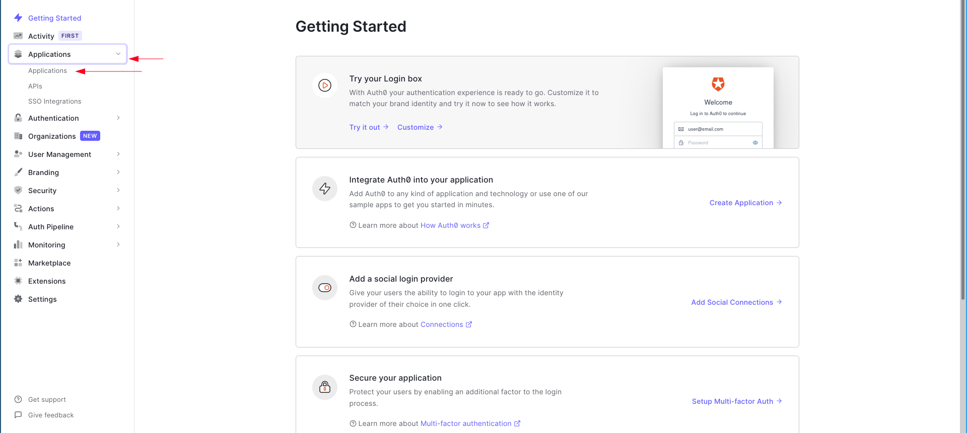 Selecting &ldquo;Applications&rdquo; from the left sidebar of Auth0 dashboard after signing up