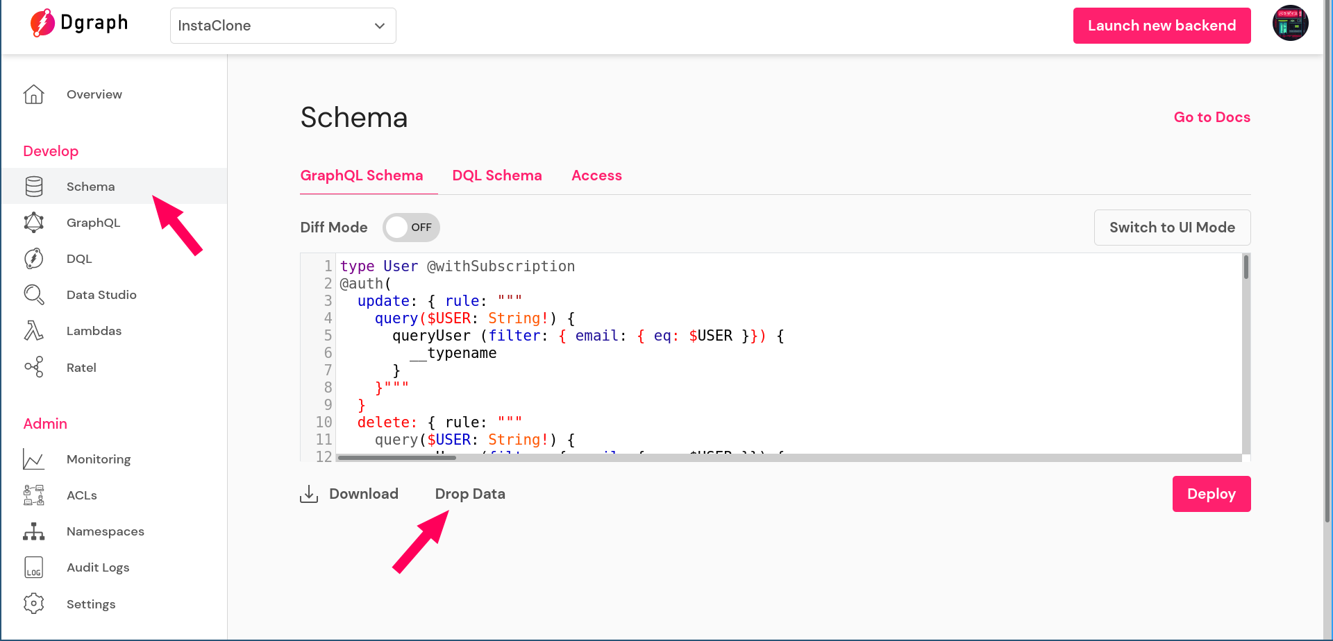 Clicking on "Drop Data" from the Schema window of Dgraph Cloud dashboard