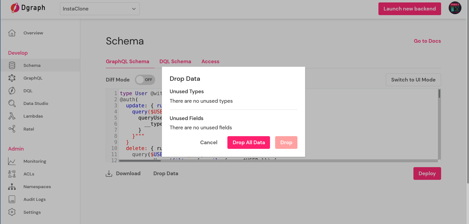 Selecting "Drop All Data" on the modal