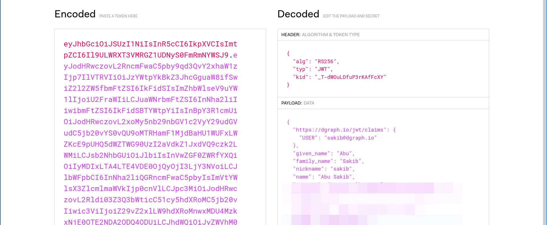 Decoded value of a JWT token id_token from Auth0 in the jwt.io