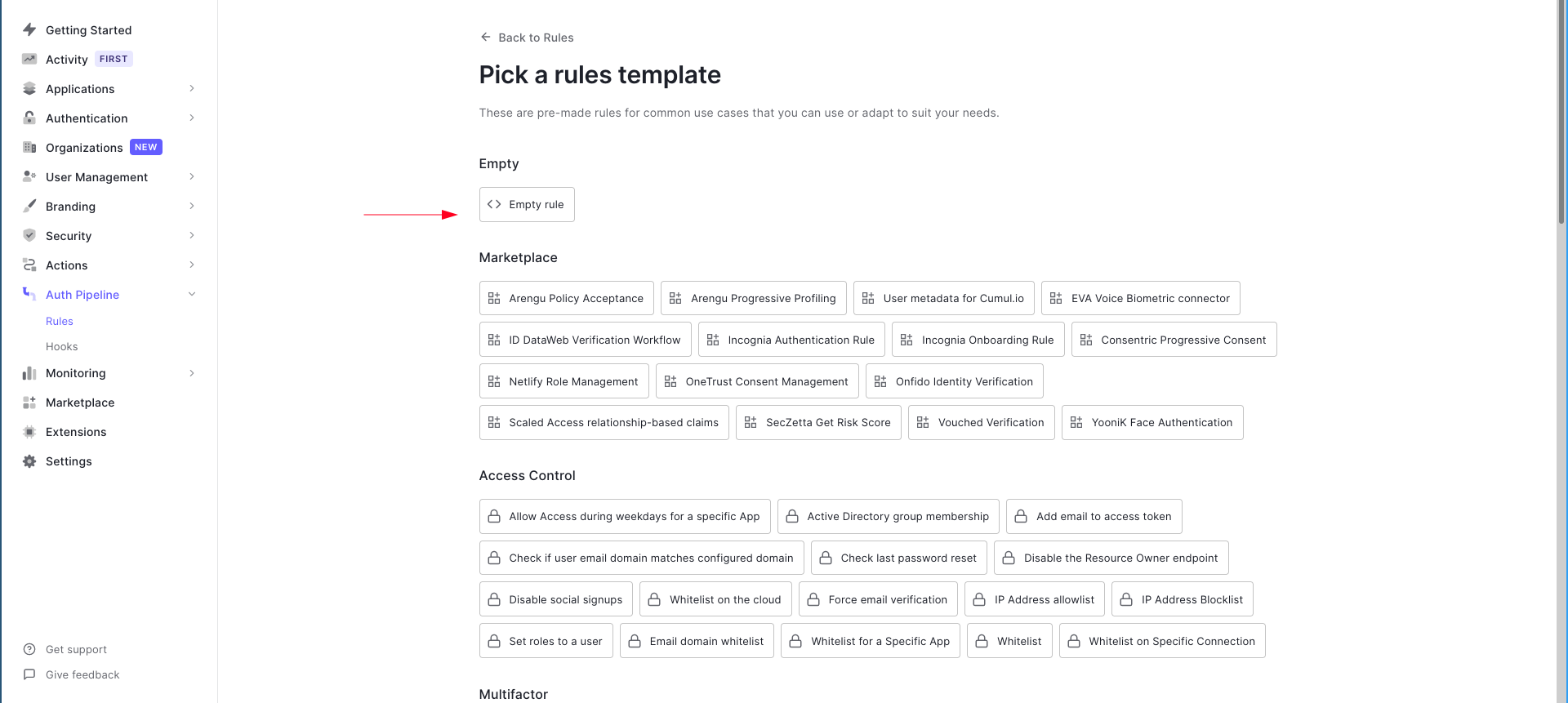 Selecting Empty rule template from Rules page from Auth0 dasobhard