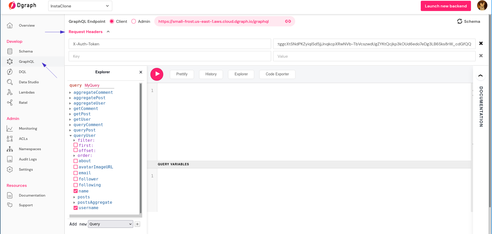 Putting request headers to GraphQL requests in Dgraph Cloud from the Dgraph Cloud UI