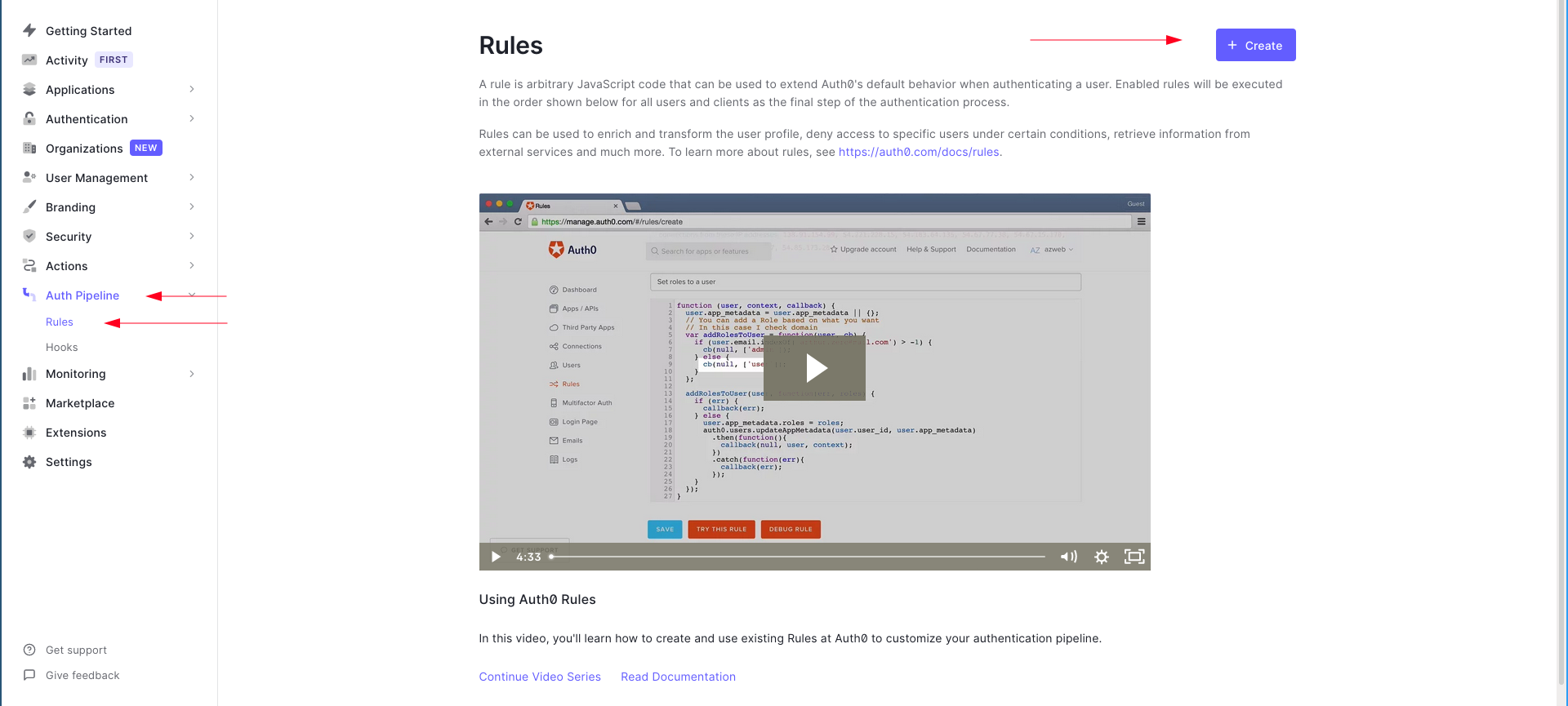 Going to the Rules page from Auth0 dashboard