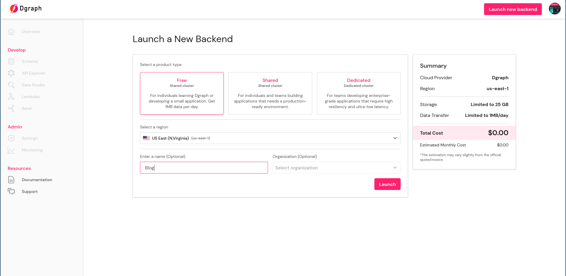 Fill in backend details and click "Launch"
